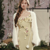 重工设计感花朵毛针织吊带绿色开叉连衣裙 法式 LaceMade 格林香颂