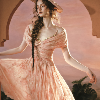 LaceMade 落日花海 法式油画田园风仙女裙设计感长裙肌理感连衣裙