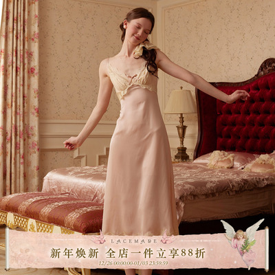LaceMade 闺房少女 法式睡裙复古蕾丝粉色缎面居家吊带连衣裙春夏