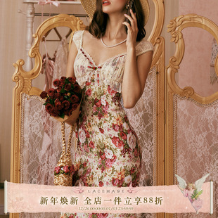 复古浪漫满印牡丹花肌理感连衣裙印花裙 法式 LaceMade 人间富贵花