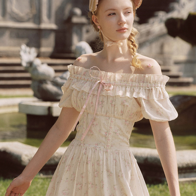 温柔公主风裙摆型纯棉一字肩长裙