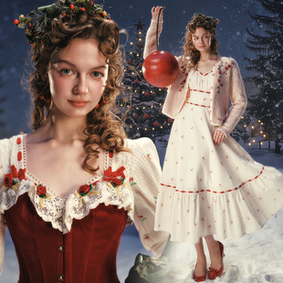 LaceMade 一口樱桃 法式圣诞风红色丝绒鱼骨胸衣棉质印花长裙套装