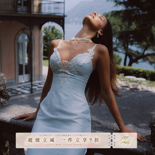 LaceMade 月海潮汐 法式重工设计感蓝色吊带公主裙蕾丝拼接连衣裙
