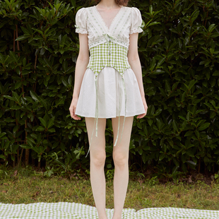 LaceMade 法式 复古清新感少女格子连衣裙鱼骨腰封套装 青苹果乐园