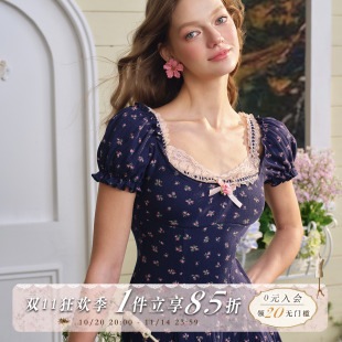 田园碎花一字肩吊带连衣裙短款 法式 小个子女 薰衣草甜心 LaceMade