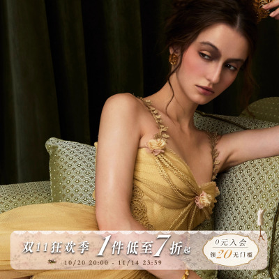 LaceMade 尼罗河蔷薇 埃及风异域女神纱网礼服奢华金色鱼骨连衣裙