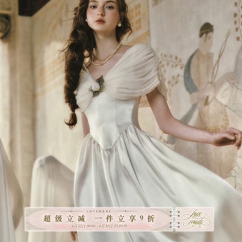 LaceMade 纯白琉璃梦 法式复古设计感收腰连衣裙白色仙女长裙夏季