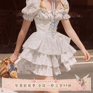 LaceMade 蓝娃娃 法式甜美公主裙蓝色碎花鱼骨收腰通勤连衣裙短款