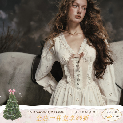 LaceMade 白巧战士 法式牛仔风收腰棉质假两件v领显瘦长袖连衣裙