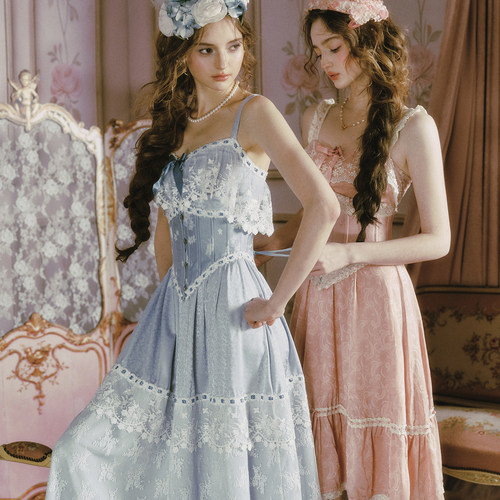 LaceMade 冰雪琼花 法式公主风蓝色重工吊带连衣裙鱼骨腰封套装女