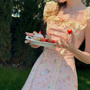 LaceMade 雏菊风筝 法式复古田园吊带短款印花蕾丝连衣裙小个子女