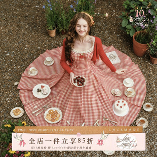 LaceMade 午后莓莓茶 法式田园风甜美红色格子吊带连衣裙显瘦夏季