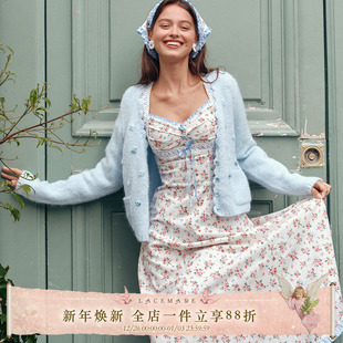 田园通勤风蓝色毛衣丝带印花连衣裙套装 法式 秋 缎蓝花迹 LaceMade