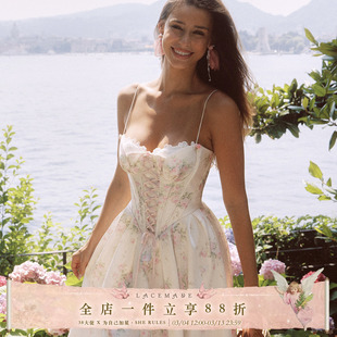 LaceMade 爱情花笺 法式复古宫廷风缎面吊带长裙大裙摆重工礼服裙