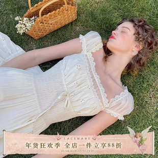 LaceMade 小白兔 法式田园初恋小白裙收腰白色连衣裙日常通勤夏女