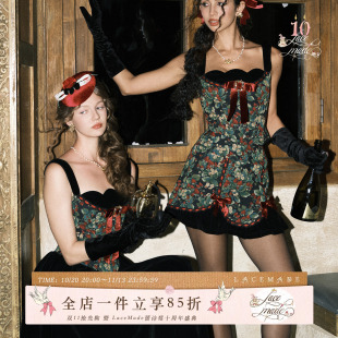 LaceMade 烟熏莓果 法式复古碎花宴会鱼骨胸衣半裙吊带连衣裙秋季