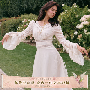 LaceMade 流光圣咏 法式宫廷风纯白V领醋酸缎面白色掐腰连衣裙女