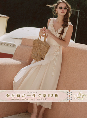 LaceMade 拿坡里阳光 法式白色度假风仙女裙吊带通勤长款连衣裙夏