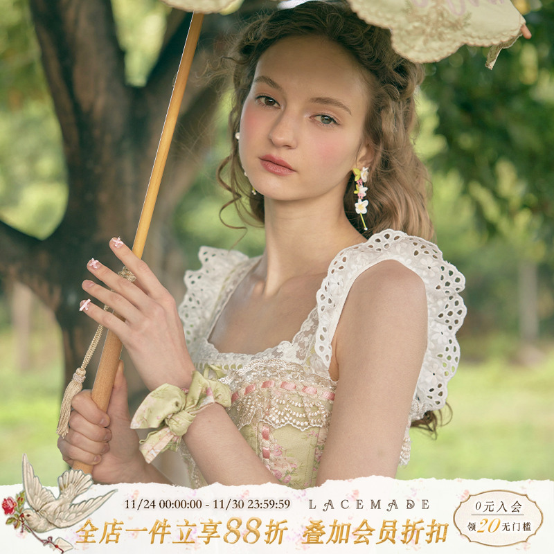 LaceMade 青柠气泡  法式田园风清新镂空绣花棉质鱼骨胸衣连衣裙