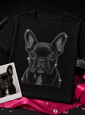 法斗照片定制T恤 法国斗牛犬肖像闪钻印花 女款短袖 宠物礼物