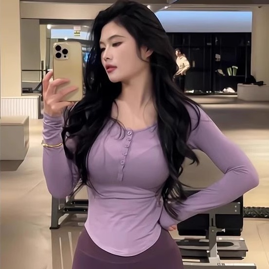 纯欲运动健身半开领罩衫瑜伽跑步长袖t恤女别致弧形显胸上衣打底