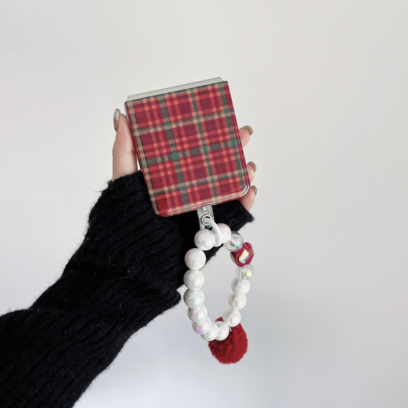 秋冬复古红菱格子串珠手腕链条适用三星zflip4手机壳软潮酷zflip3