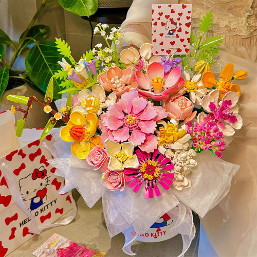 哈喽Kitty永生花束积木拼装玫瑰花朵抱抱桶闺蜜高颜值手工DIY礼物