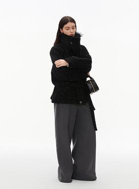 INRM 60%羊毛呢子短款毛领外套腰部系带毛呢夹克女冬