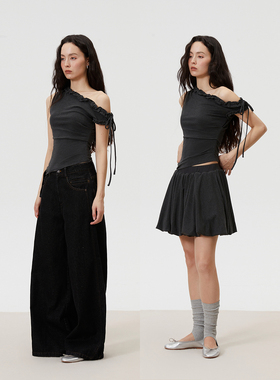 INRM 蝴蝶结花边斜肩弹力针织上衣夏季女修身显套头白打底T恤衫