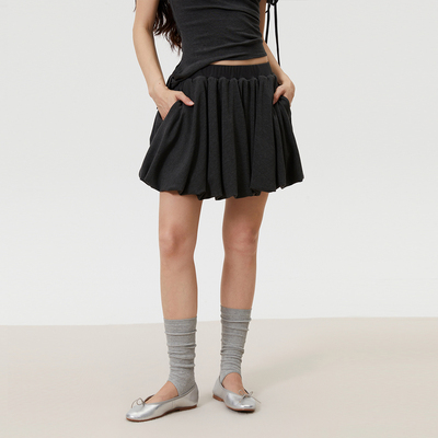 INRM 复古灰色针织花苞半裙夏季女松紧腰显高百褶包臀半身裙