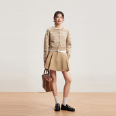 秋冬毛针织衫 INRM 复古学院风绵羊毛卡其条纹开衫 外套女