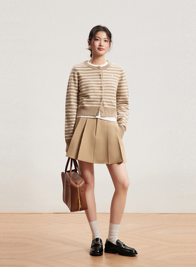 INRM 复古学院风绵羊毛卡其条纹开衫秋冬毛针织衫外套女