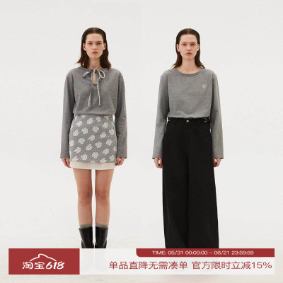 INRM 设计感V领系带前后两穿一字贝T恤女夏简约套头长袖打底上衣