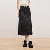 INRM A字百搭半身长裙 复古菱形格子半裙显瘦中长款