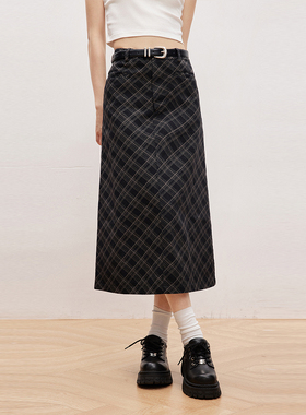 INRM 复古菱形格子半裙显瘦中长款A字百搭半身长裙