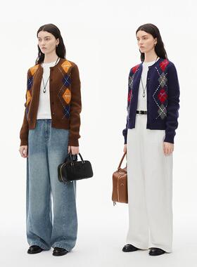 INRM 重工提花刺绣菱形格毛衣复古撞色圆领针织开衫外套