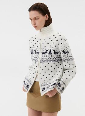 INRM 美式复古立领小狗提花针织开衫女2025春季新款显瘦毛衣外套