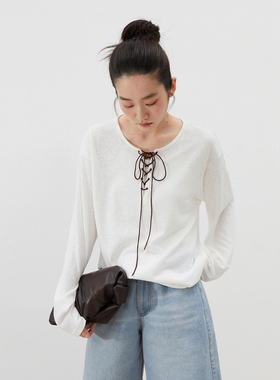 INRM 简约设计l系带腊绳落肩长袖Tee2025秋薄款慵懒宽松上衣