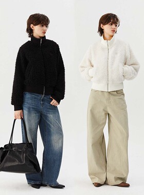 INRM 美式复古可爱毛毛高领拉链外套直筒保暖拉链开衫夹克上衣女