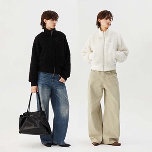 INRM 美式复古可爱毛毛高领拉链外套直筒保暖拉链开衫夹克上衣女