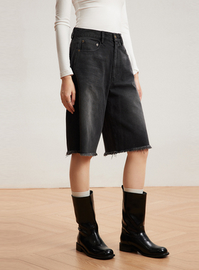 INRM 复古毛边水洗做旧牛仔短裤黑色直筒五分休闲裤女