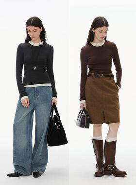 INRM 美拉德棉羊毛假两件基础打底衫修身套头毛针织衫女