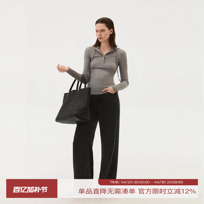 INRM 美式简约复古连帽针织衫套头弹力打底衫女2025春秋上衣T恤