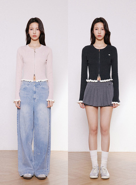 INRM 开衫花边显瘦针织衫修身显瘦短款打底上衣女学生