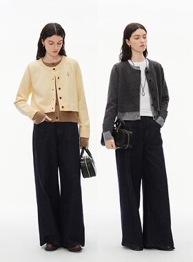 INRM 撞色双门襟假两件毛衣圆领短款针织开衫外套女秋冬