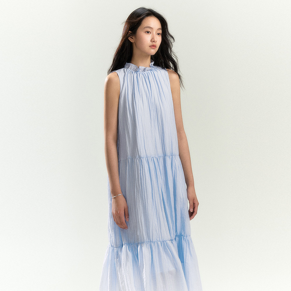 INRM 法式褶皱感挂脖长裙女夏季无袖大摆层次蛋糕连衣裙