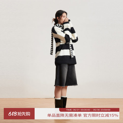马海毛条纹黑白毛衣inrm