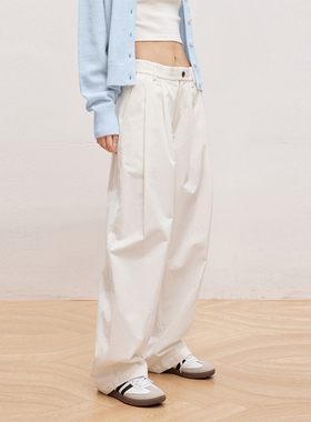 INRM 简约百搭白色梭织长裤松紧腰显瘦宽松直筒裤