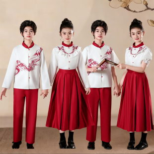 儿童合唱演出服新中式红色中小学生舞台朗诵比赛爱国女童表演服装