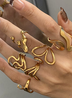 万兴不锈钢开口戒指女不掉色欧美不规则线条镂空戒子钛钢跨境首饰